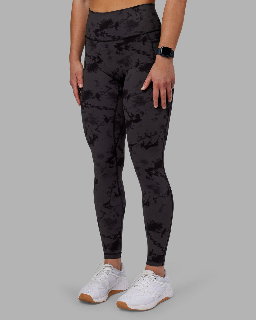 Woman wearing Fusion Ultra High-Rise Full Length Legging Pockets - Black Tie Dye | Model:Keisha | Size:S