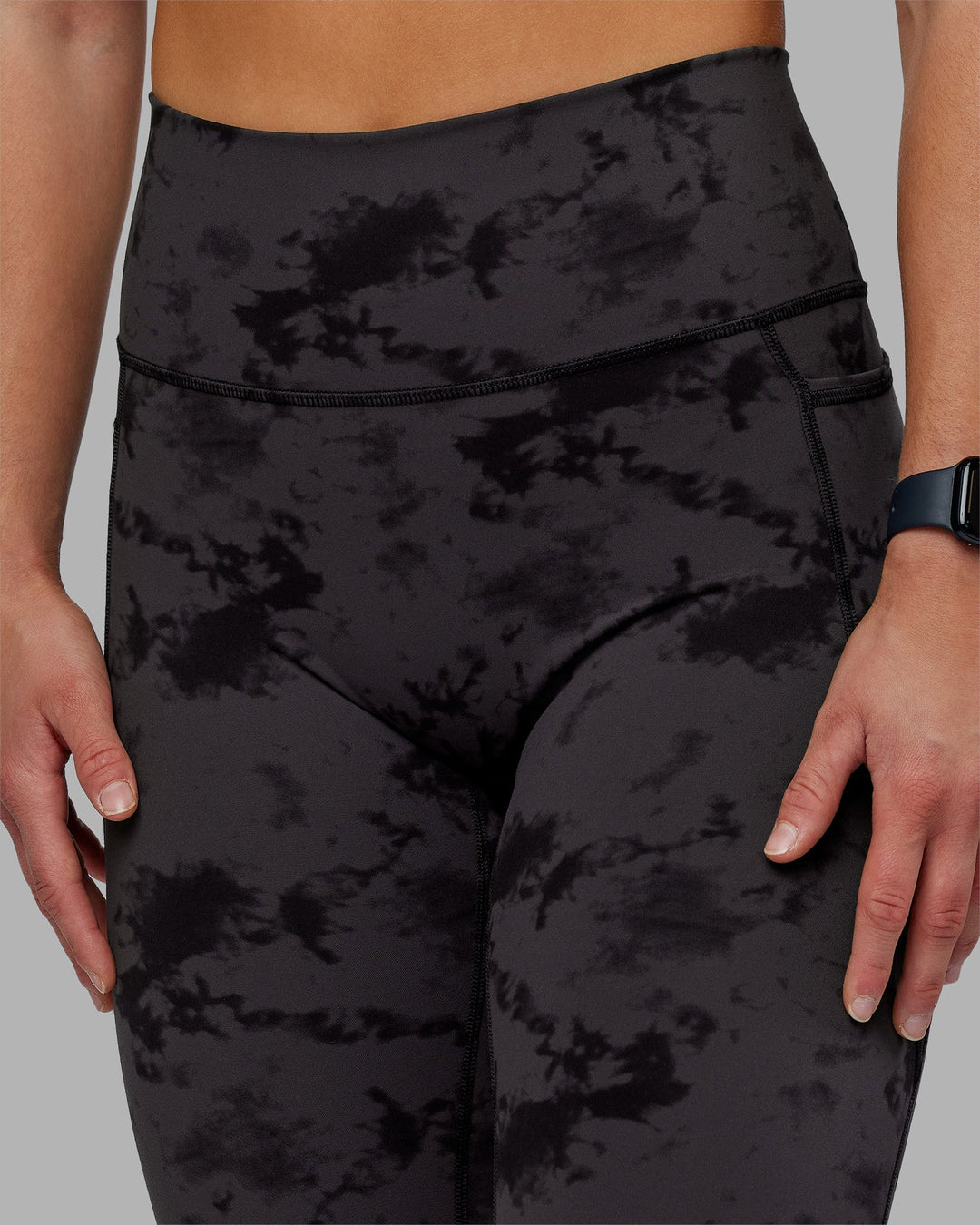 Woman wearing Fusion Ultra High-Rise Full Length Legging Pockets - Black Tie Dye | Model:Keisha | Size:S