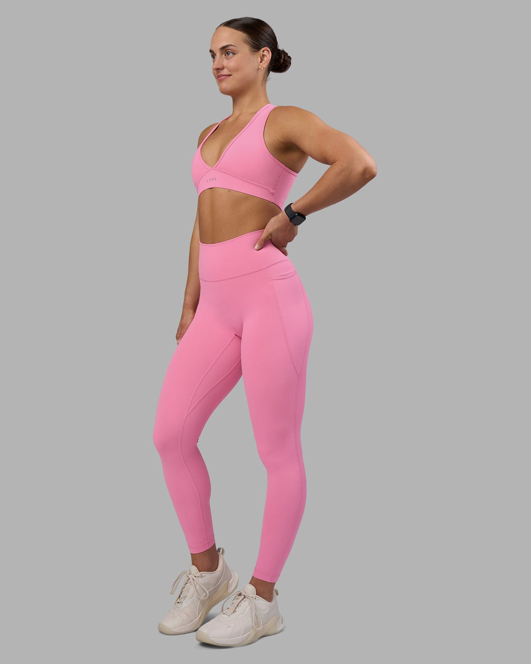 Woman wearing Fusion Ultra High-Rise Full Length Legging Pockets - Candy Pink | Model:Keisha | Size:S