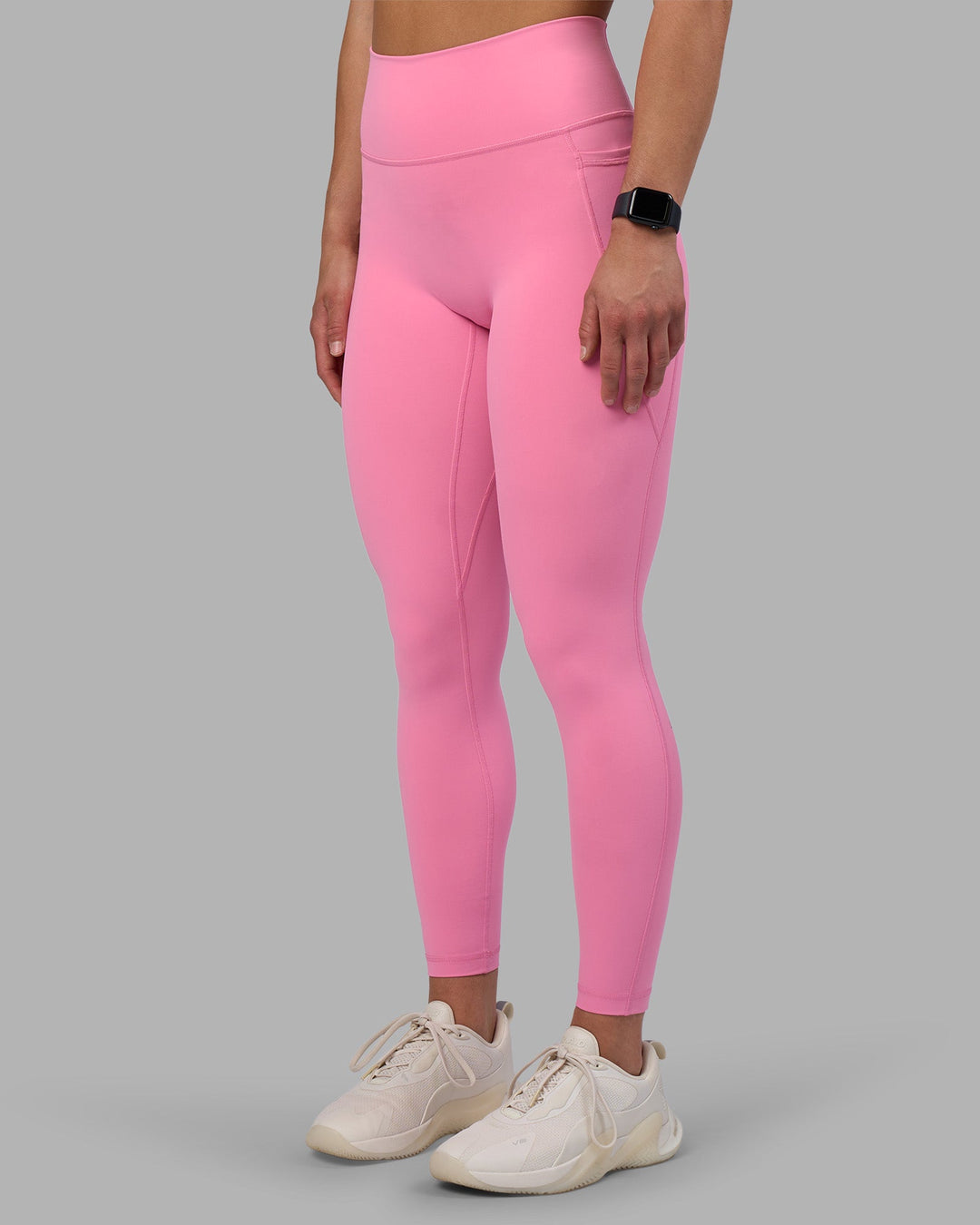 Woman wearing Fusion Ultra High-Rise Full Length Legging Pockets - Candy Pink | Model:Keisha | Size:S