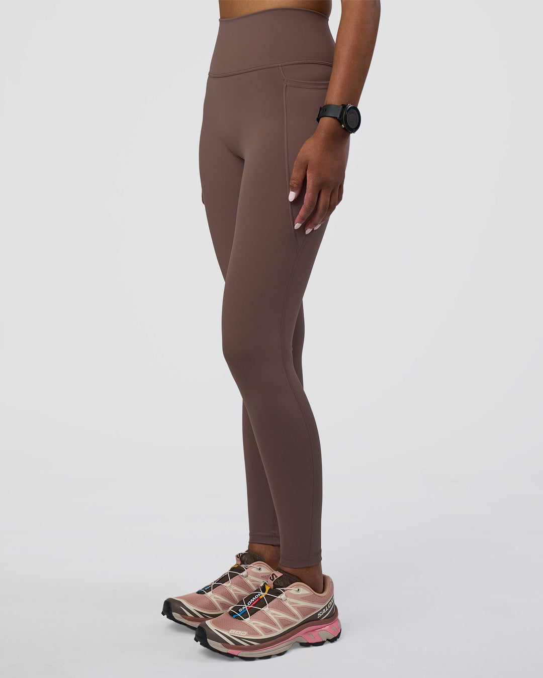 Woman wearing Fusion Ultra High-Rise Full Length Legging Pockets - Peppercorn | Model:Rica | Size:S