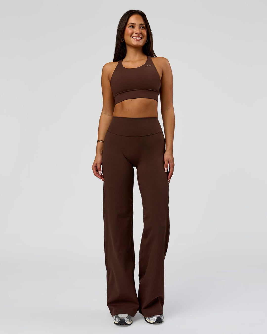 Woman wearing Fusion V-Contour High-Rise Pant - Hot Chocolate | Model:Bianca | Size:S