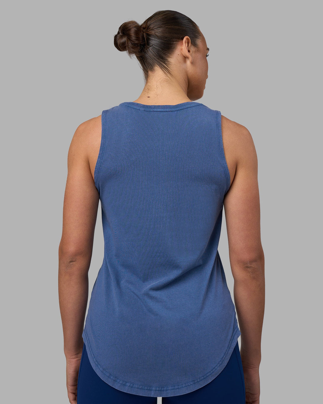 Woman wearing Go-To FLXCotton Longline Tank - Midnight Blue Washed-White | Model:Sophie | Size:S