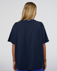 Woman wearing Go-To FLXCotton Oversized Deviation Tee - Future Navy-White | Model:Amity | Size:S
