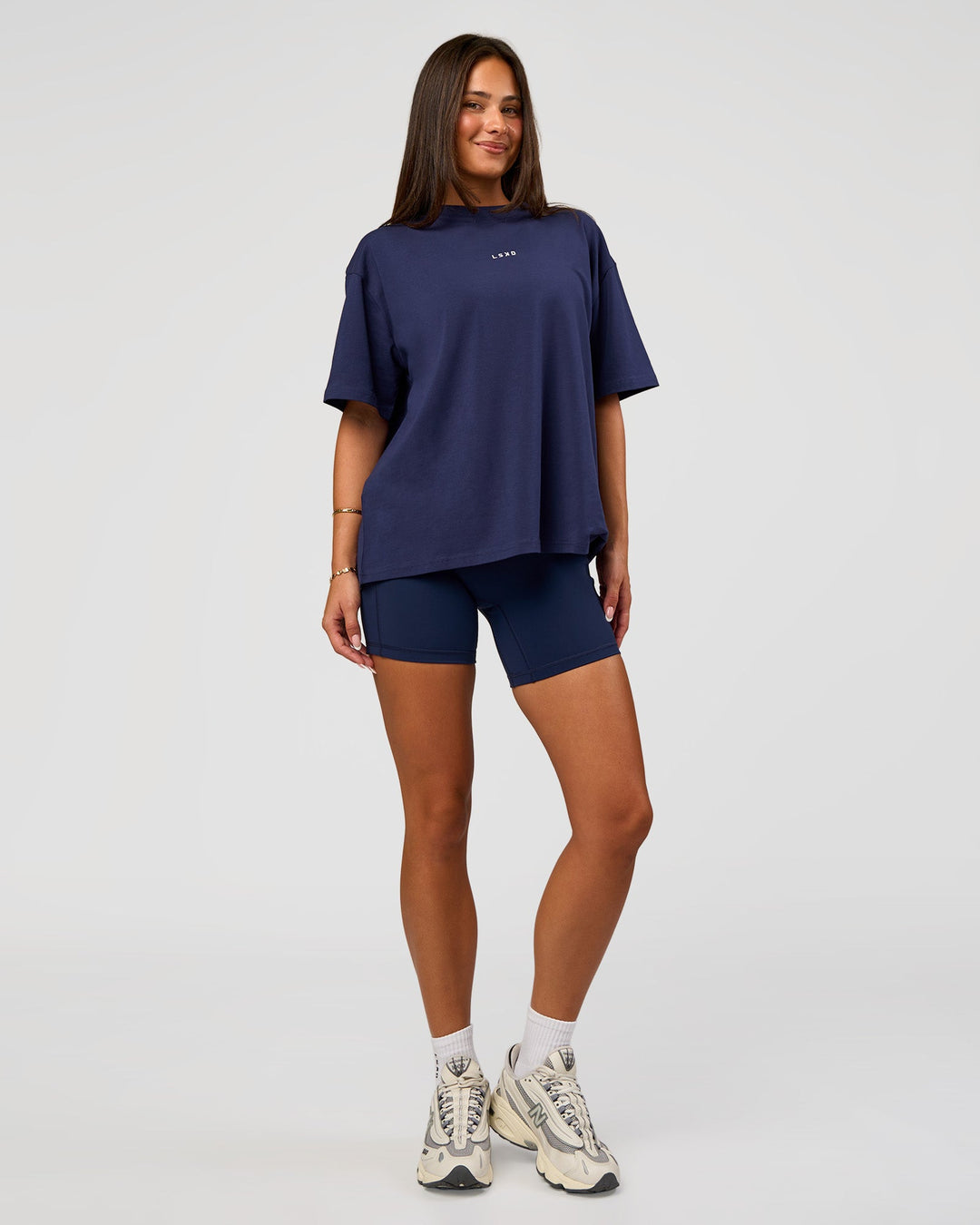 Woman wearing Go-To FLXCotton Oversized Tee - Future Navy-White | Model:Bianca | Size:S