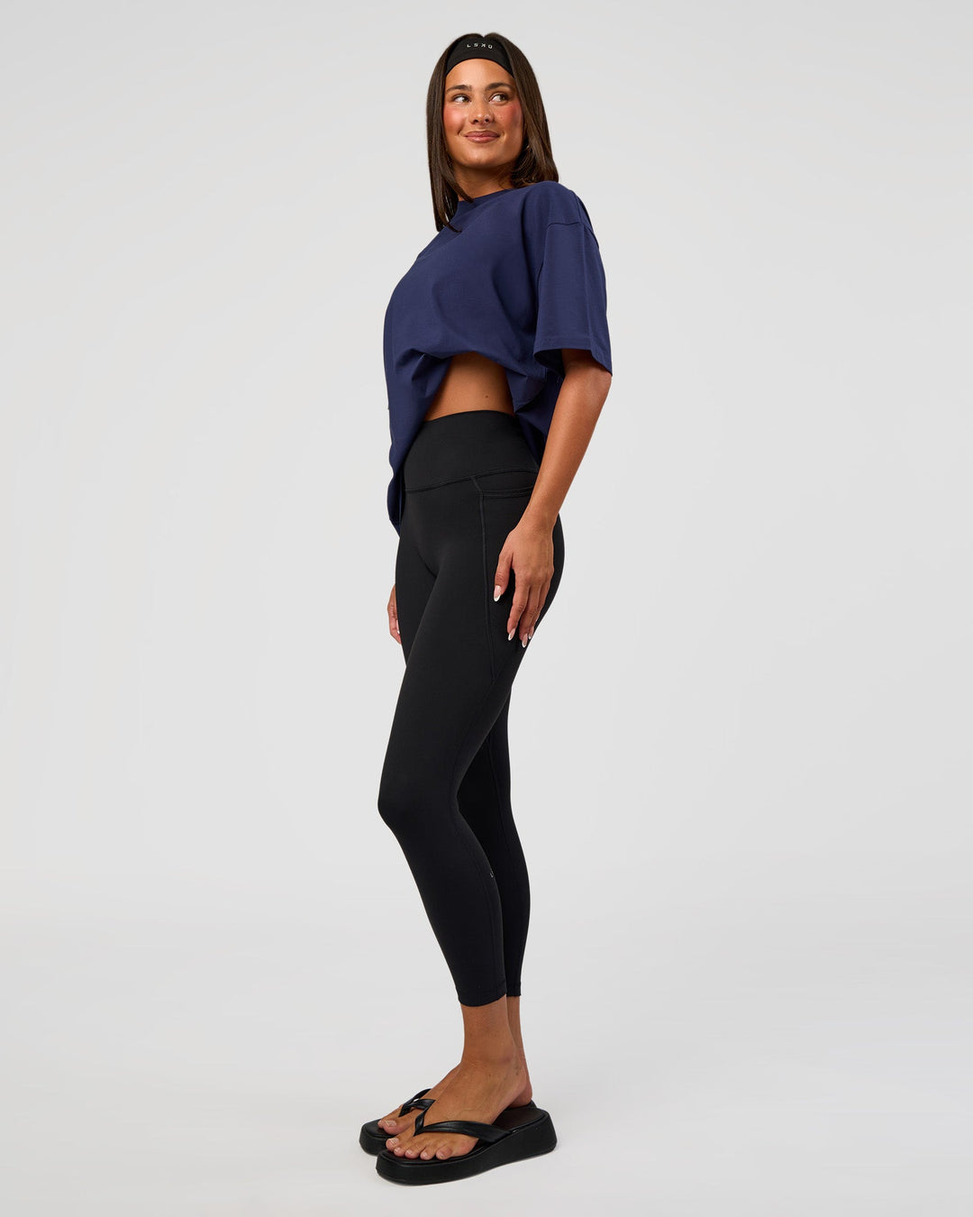 Woman wearing Go-To FLXCotton Oversized Tee - Future Navy-White | Model:Bianca | Size:S