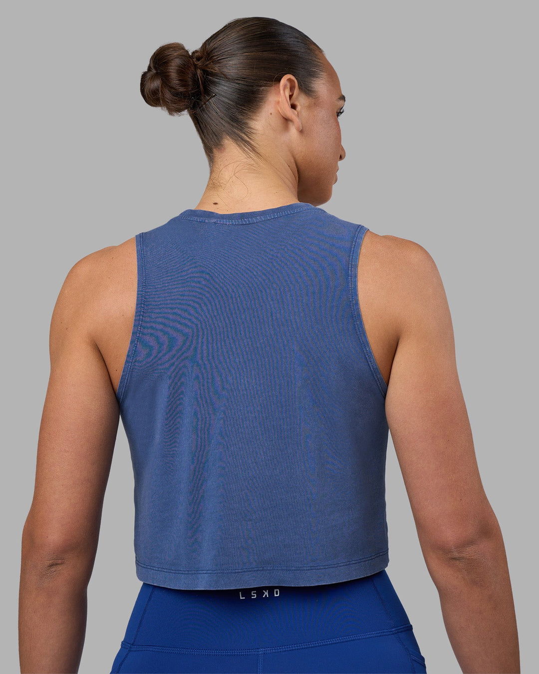 Woman wearing Go-To FLXCotton Tank - Midnight Blue Washed-White | Model:Sophie | Size:S