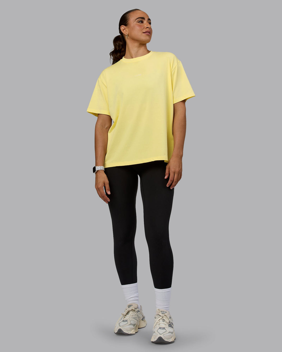 Woman wearing Go-To FLXCotton Oversized Tee - Lemon-White