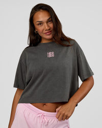 Woman wearing Go-To Heavyweight Reflective Skimmer Tee - Dark Storm Washed-Reflective | Model:Kirstyn | Size:S