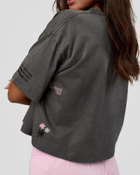 Woman wearing Go-To Heavyweight Reflective Skimmer Tee - Dark Storm Washed-Reflective | Model:Kirstyn | Size:S