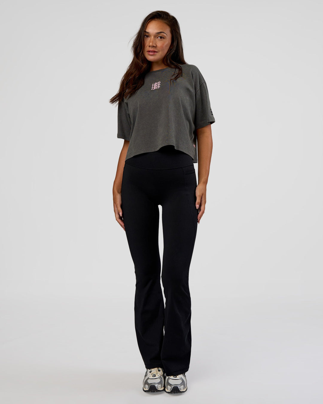 Woman wearing Go-To Heavyweight Reflective Skimmer Tee - Dark Storm Washed-Reflective | Model:Kirstyn | Size:S