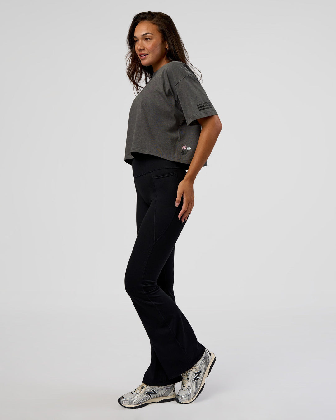 Woman wearing Go-To Heavyweight Reflective Skimmer Tee - Dark Storm Washed-Reflective | Model:Kirstyn | Size:S