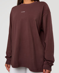 Woman wearing Go-To Long Sleeve FLXCotton Oversized Tee - Cocoa Powder-White | Model:Bianca | Size:S | Thumbnail Index: 5