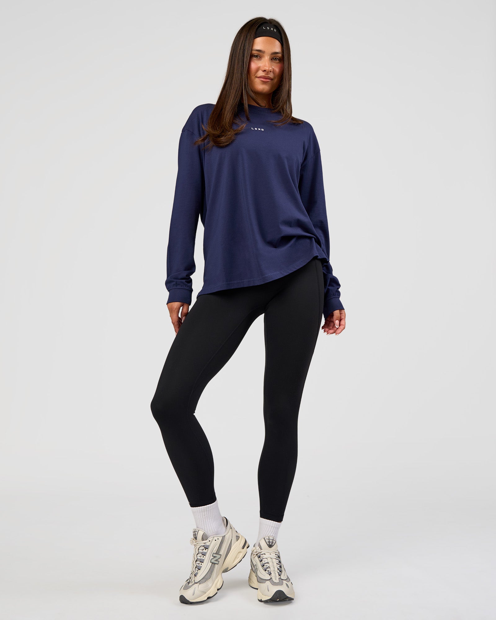 Woman wearing Go-To Long Sleeve FLXCotton Oversized Tee - Future Navy-White | Model:Bianca | Size:S