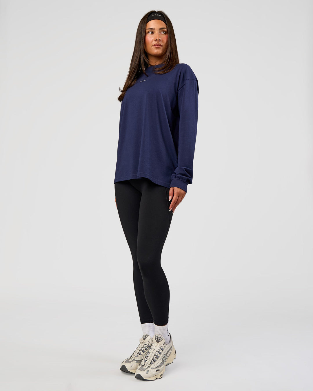 Woman wearing Go-To Long Sleeve FLXCotton Oversized Tee - Future Navy-White | Model:Bianca | Size:S