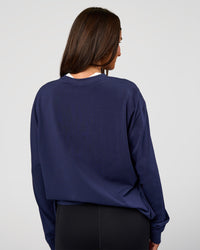 Woman wearing Go-To Long Sleeve FLXCotton Oversized Tee - Future Navy-White | Model:Bianca | Size:S