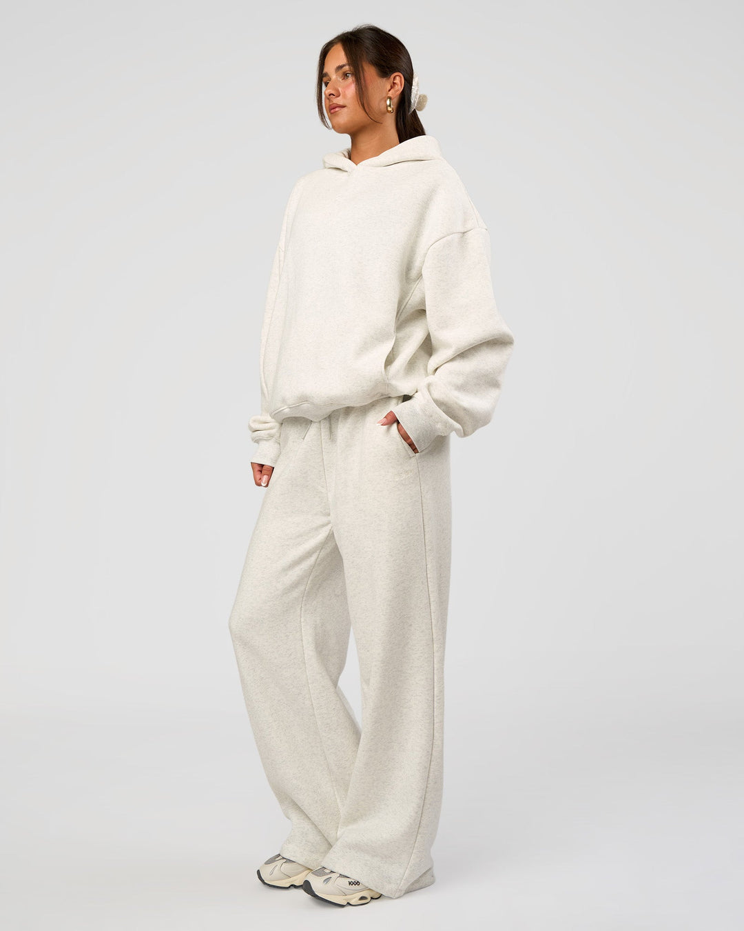 Woman wearing Go-To Oversized Hoodie - Silver Marl | Model:Bianca | Size:S