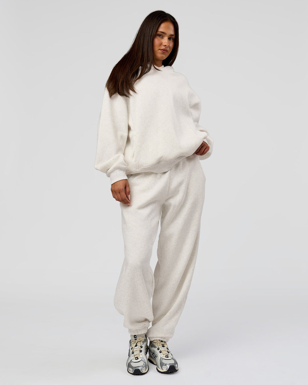 Woman wearing Go-To Oversized Track Pant - Silver Marl | Model:Bianca | Size:S - view 7