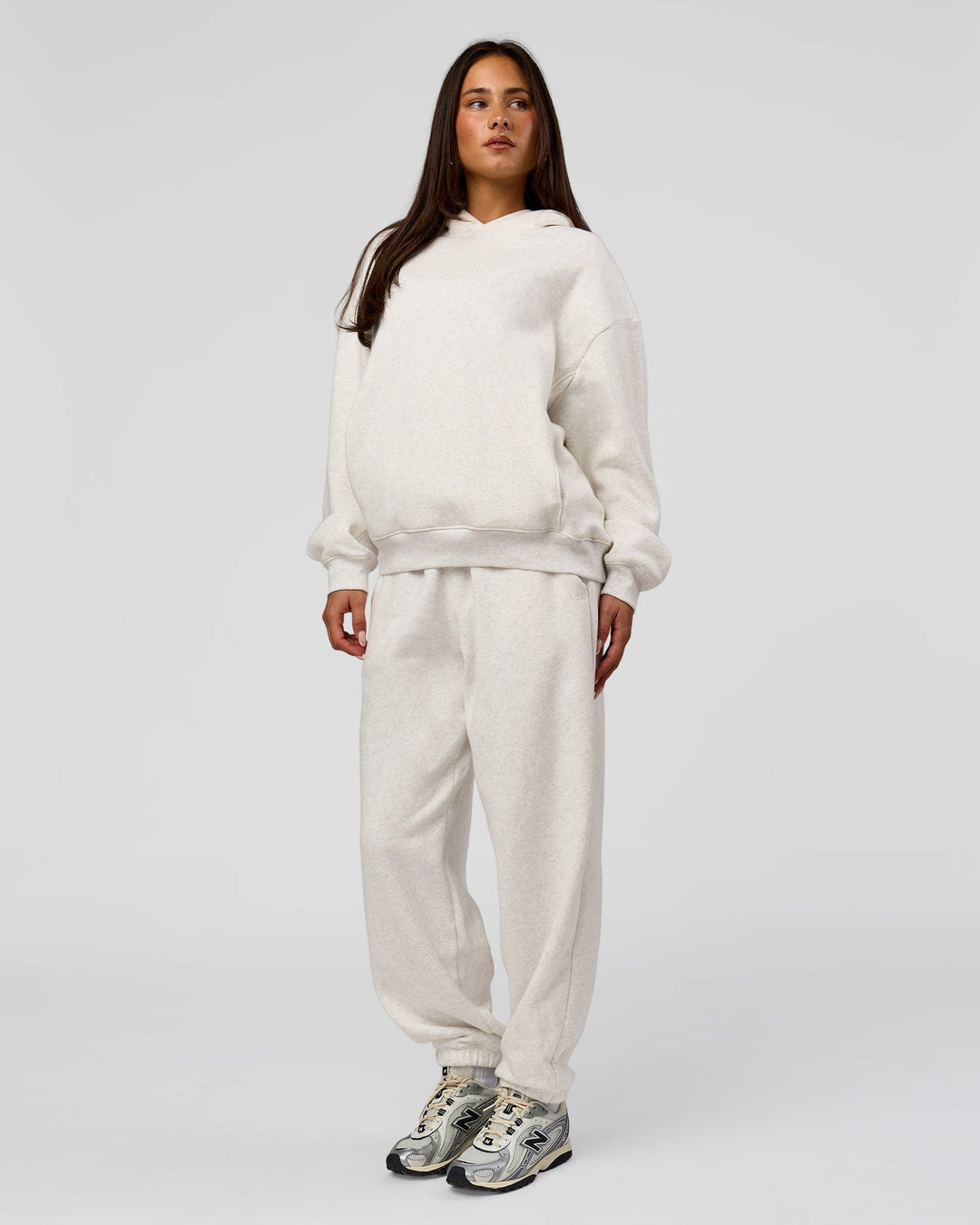 Woman wearing Go-To Oversized Track Pant - Silver Marl | Model:Bianca | Size:S - view 2