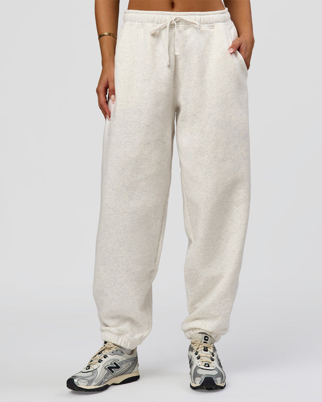 Woman wearing Go-To Oversized Track Pant - Silver Marl | Model:Bianca | Size:S - view 3