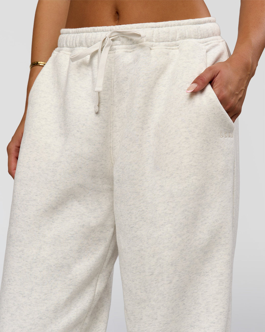 Woman wearing Go-To Oversized Track Pant - Silver Marl | Model:Bianca | Size:S