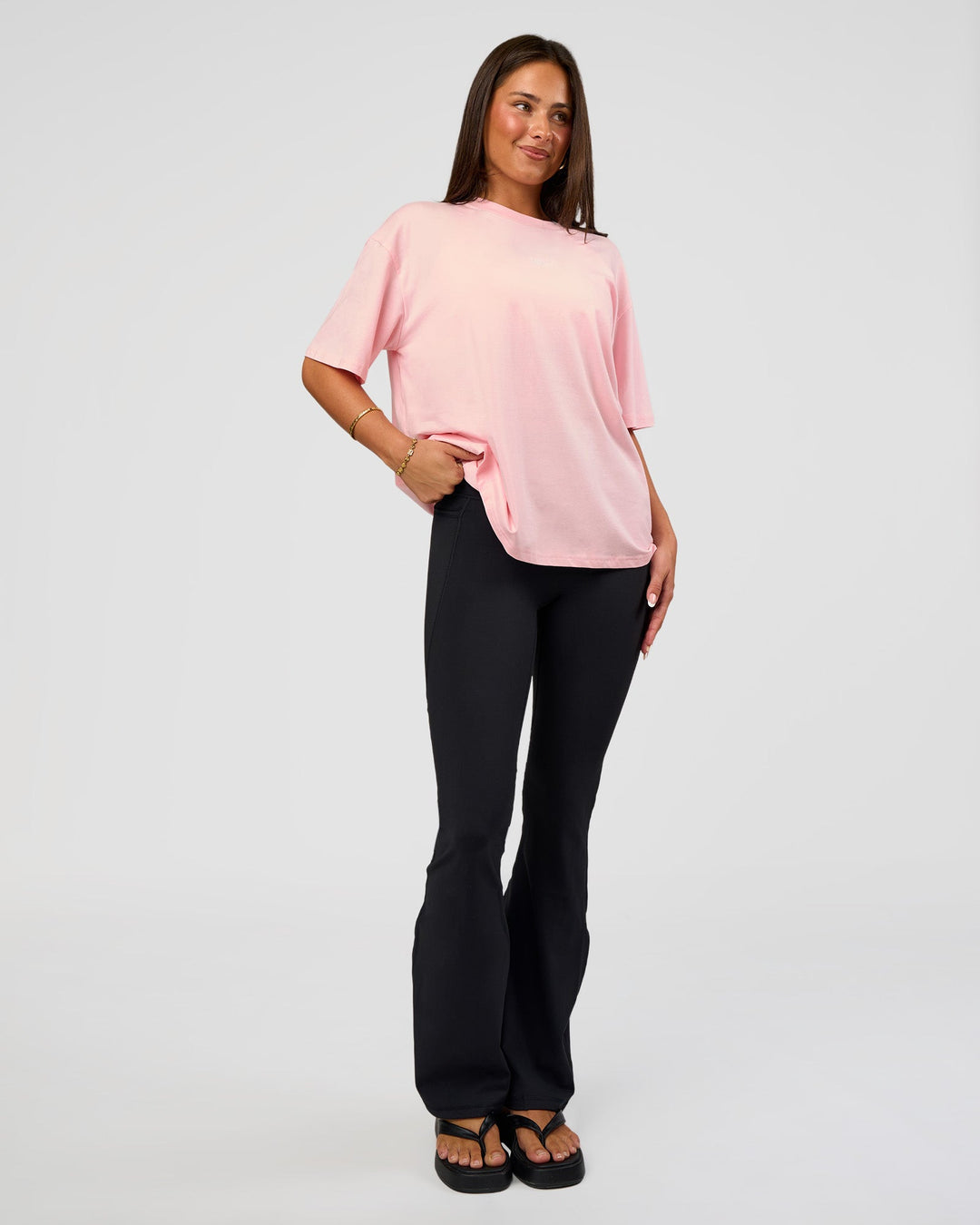 Woman wearing Go-To FLXCotton Oversized Tee - Marshmallow-White | Model:Bianca | Size:S