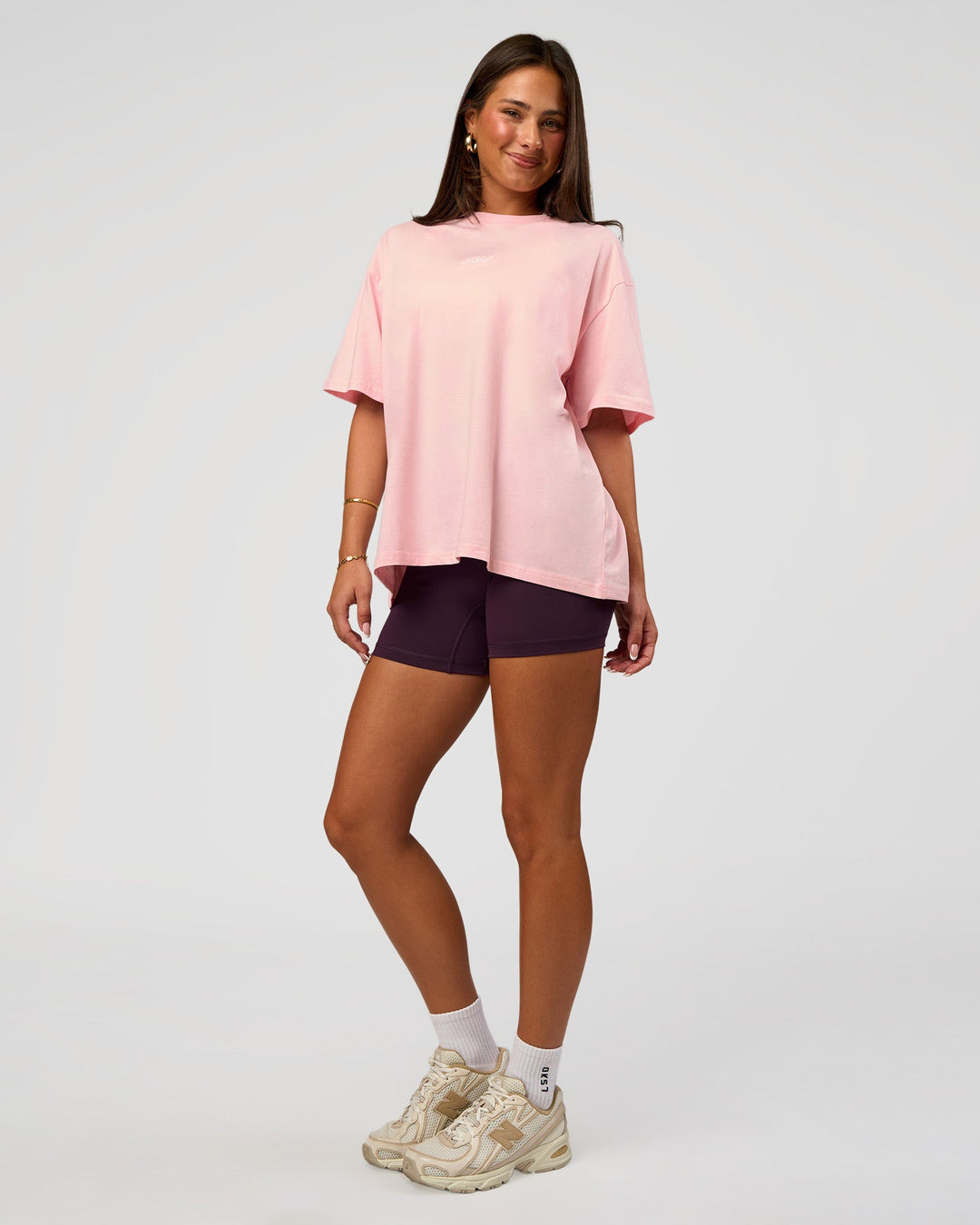 Woman wearing Go-To FLXCotton Oversized Tee - Marshmallow-White | Model:Bianca | Size:S