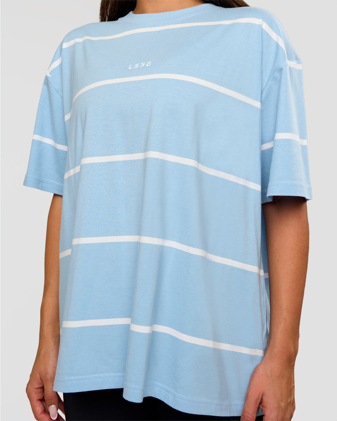 Woman wearing Go-To Stripe FLXCotton Oversized Tee - Open Air-White | Model:Bianca | Size:S - view 6