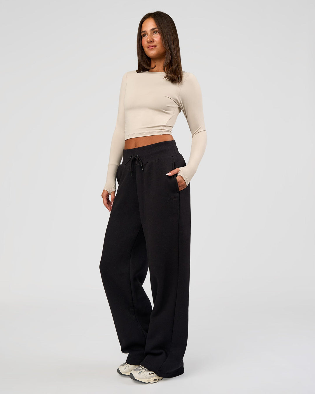 Woman wearing Go-To Wide Leg Track Pant - Black | Model:Bianca | Size:S - view 10