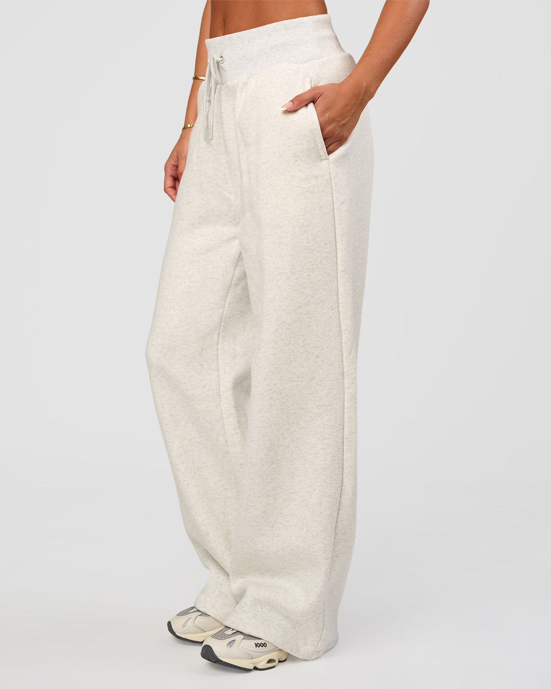 Woman wearing Go-To Wide Leg Track Pant - Silver Marl | Model:Bianca | Size:S