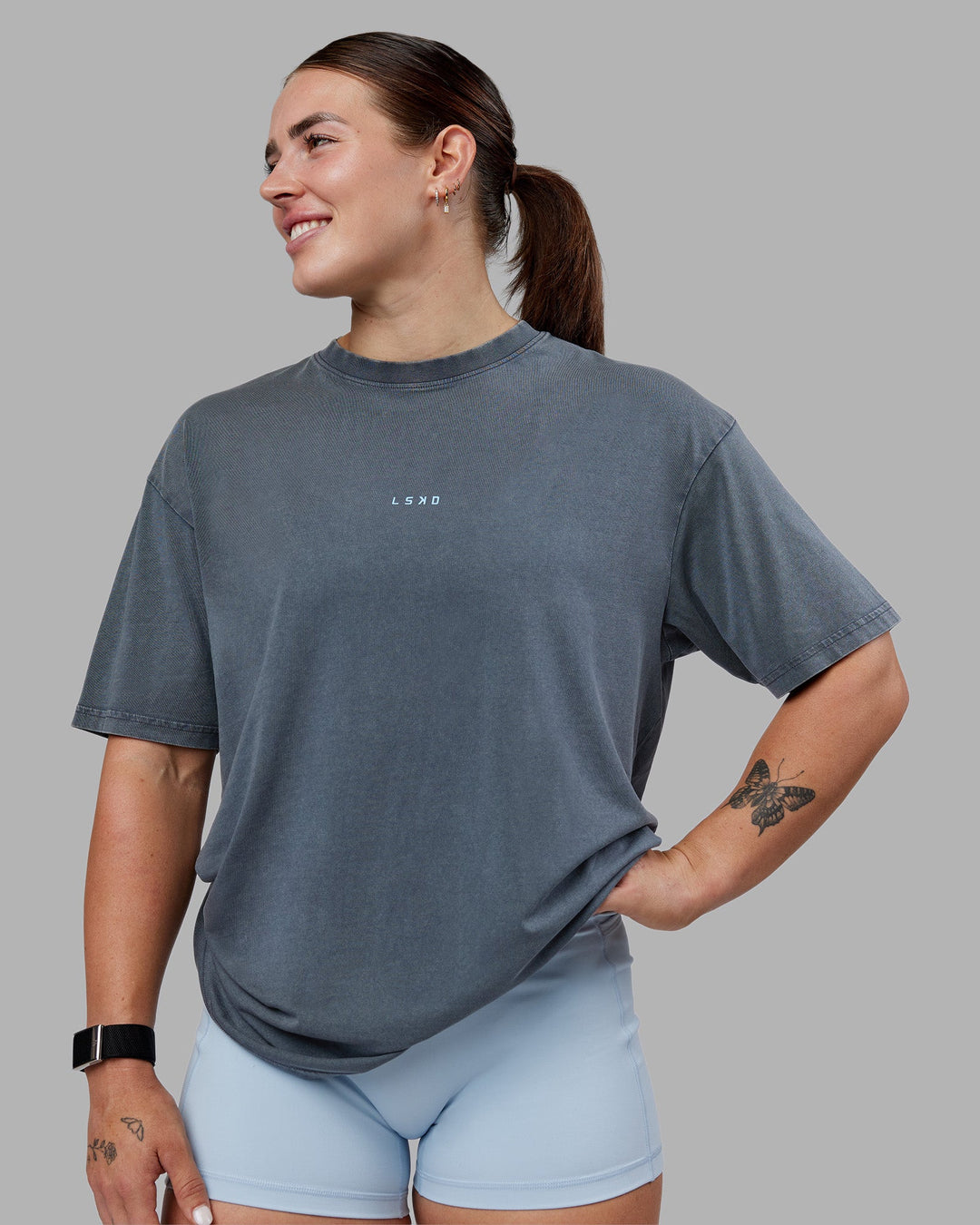 Gracie Walton X LSKD FLXCotton Oversized Tee - Dark Storm Washed-White