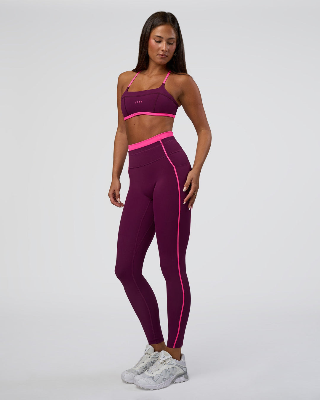 Woman wearing Liberate Contrast High-Rise Full Length Legging Pockets - Plum Caspia-Ultra Pink | Model:Bianca | Size:S