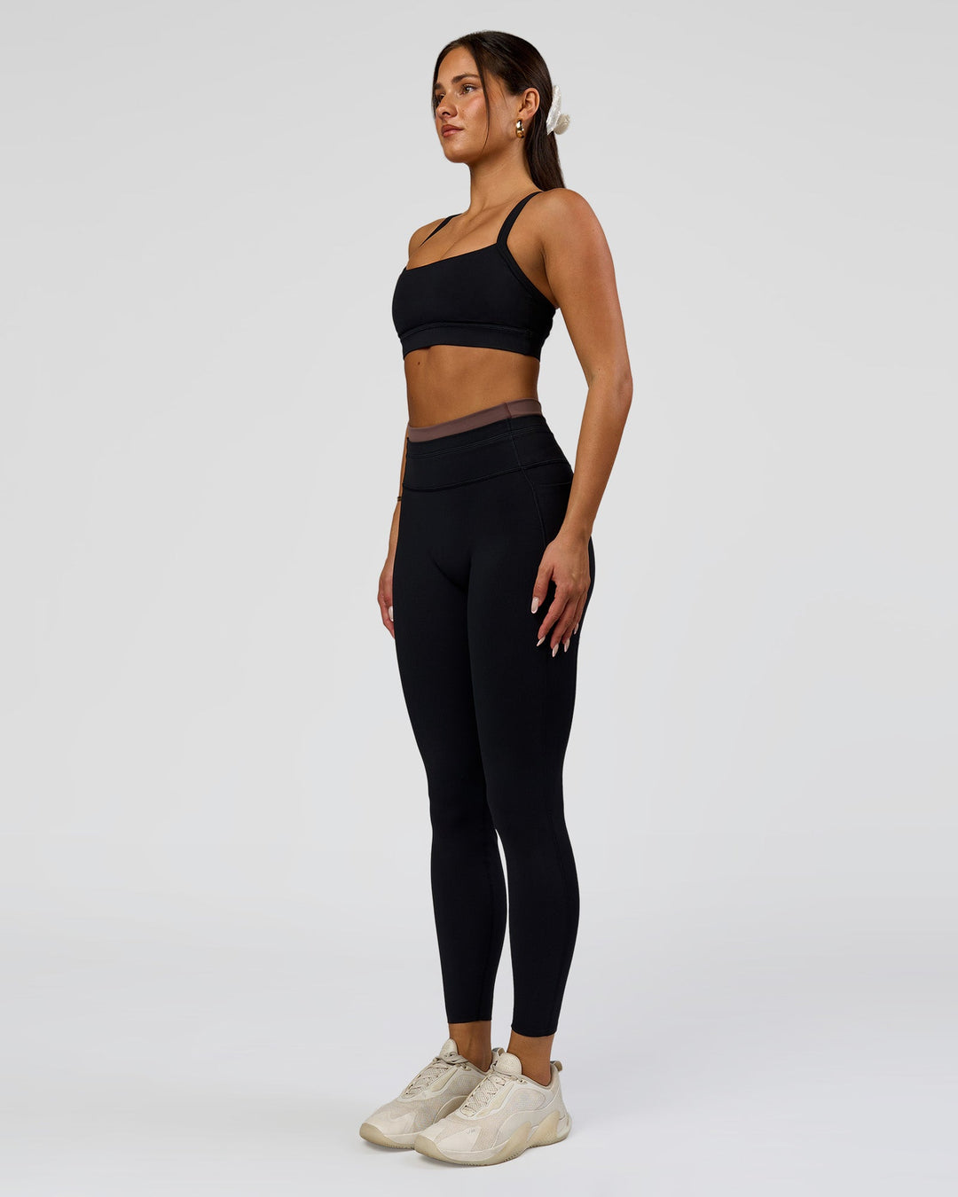 Woman wearing Liberate High-Rise Full Length Legging Pockets in Black-Cocoa Powder | Model:Bianca | Size:S - view 5