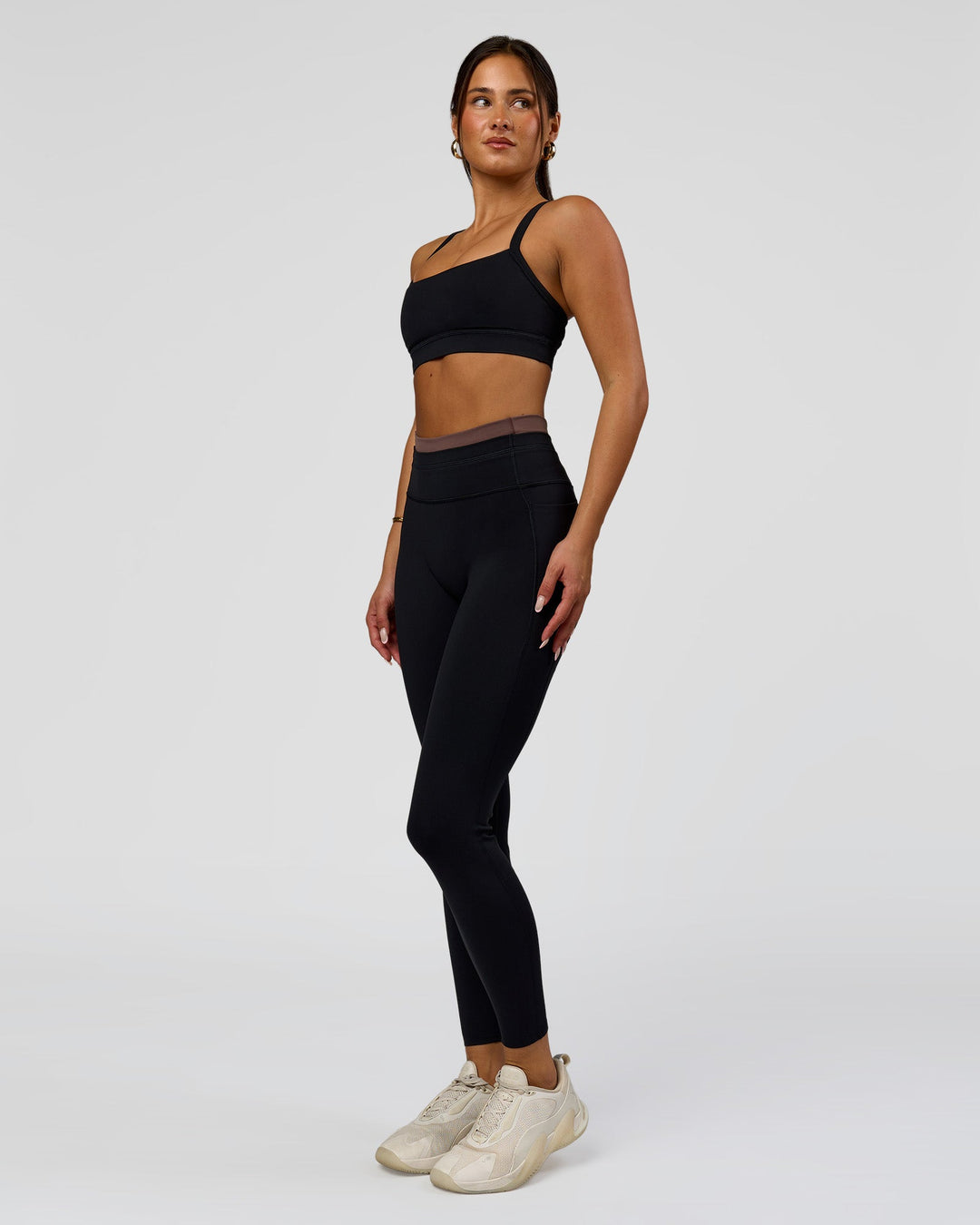 Woman wearing Liberate High-Rise Full Length Legging Pockets in Black-Cocoa Powder | Model:Bianca | Size:S - view 6