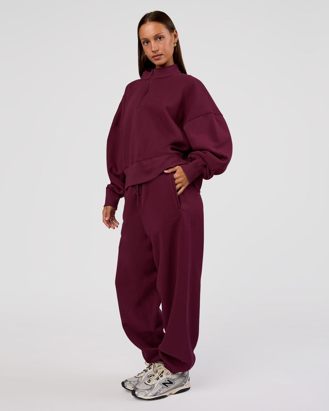 Woman wearing MVP Oversized Slouchy Fit Track Pant - Cherry Lacquer | Model:Brylee | Size:S