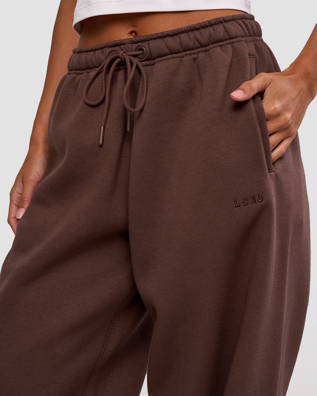 Woman wearing MVP Oversized Slouchy Fit Track Pant - Hot Chocolate | Model:Brylee | Size:S