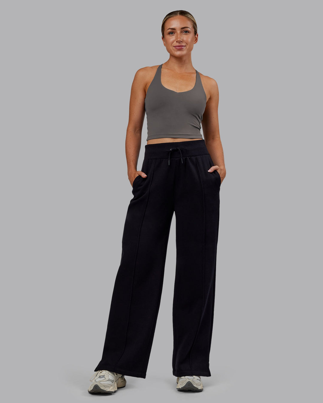 Woman wearing MVP Wide Leg Track Pant - Black | Model:Paris | Size:S