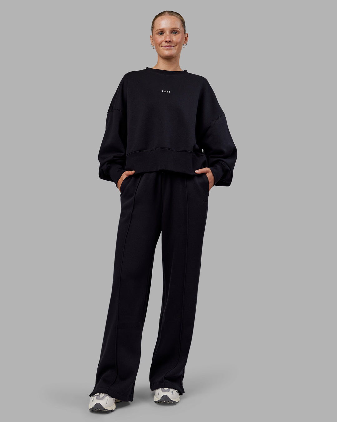 Woman wearing MVP Wide Leg Joggers - Black | Model:Neve | Size:S