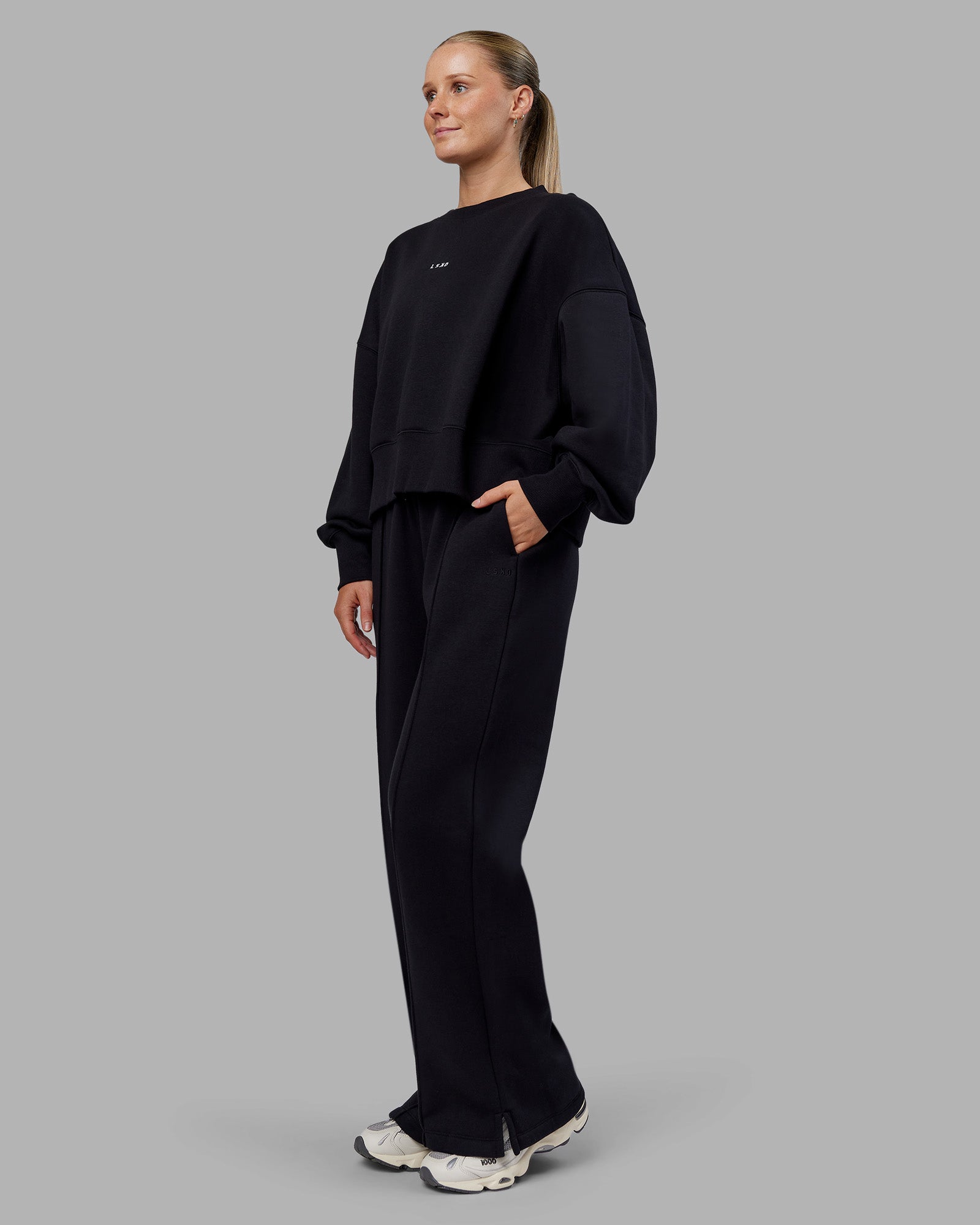 Woman wearing MVP Wide Leg Joggers - Black | Model:Neve | Size:S