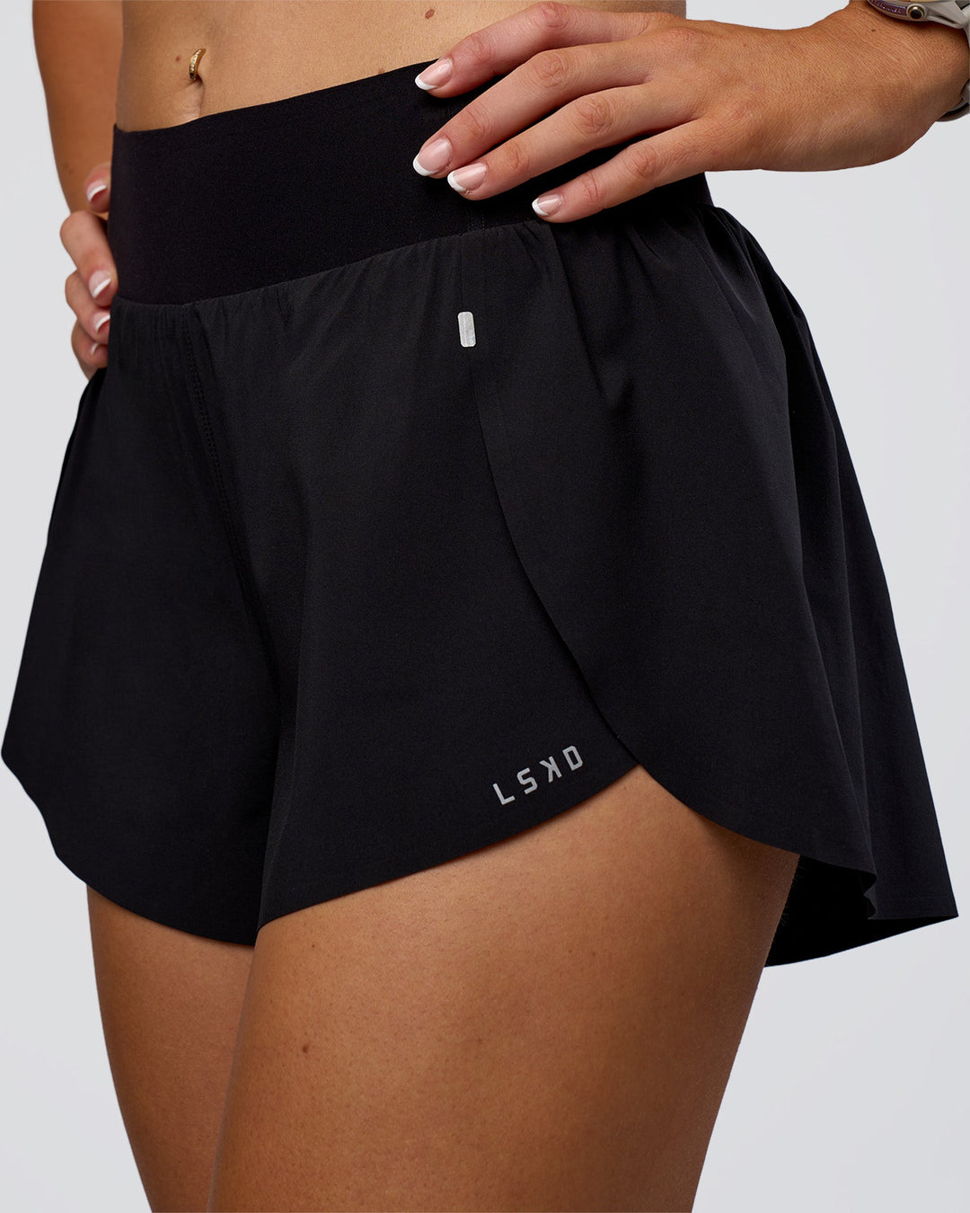 Woman wearing Pacer 3" Run Short - Black | Model:Emelia | Size:S