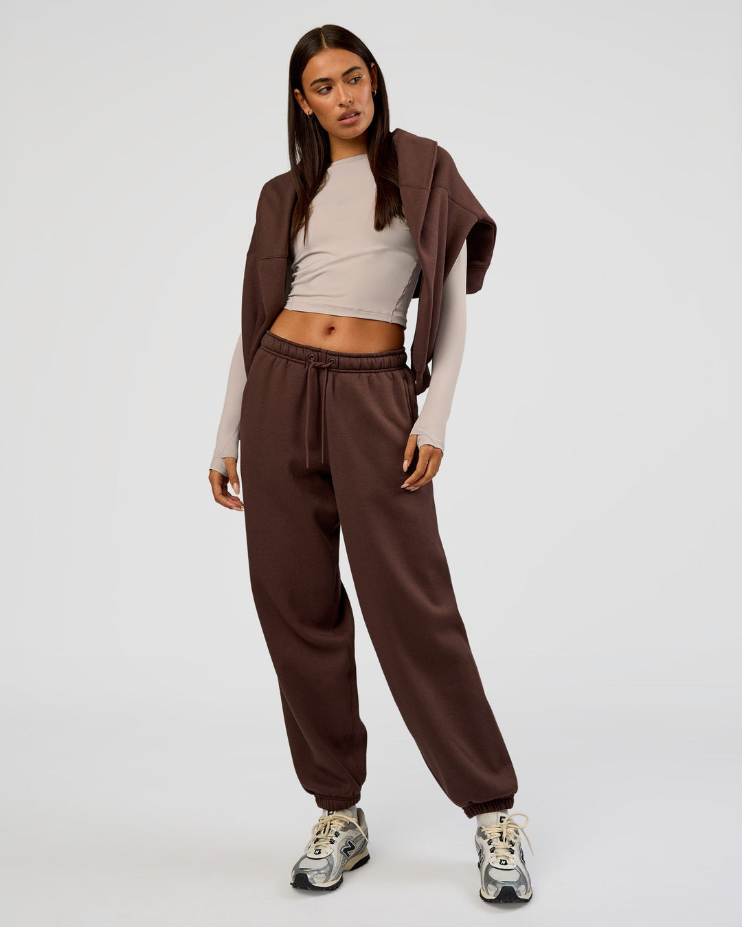 Woman wearing Post Train Hoodie - Hot Chocolate | Model:Ruby | Size:S - view 5