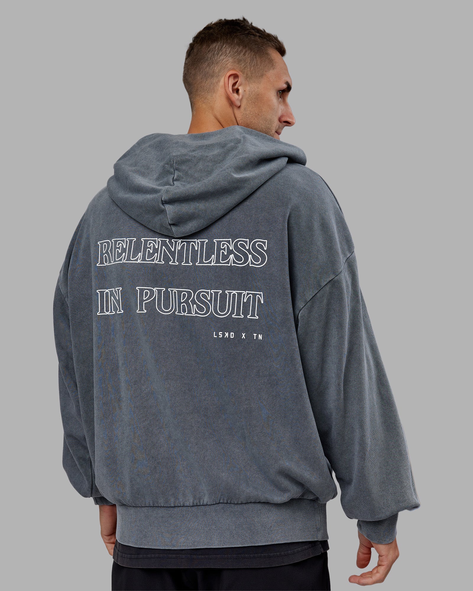 Relentless Washed Zip Through Oversized Hoodie - Dark Storm-White