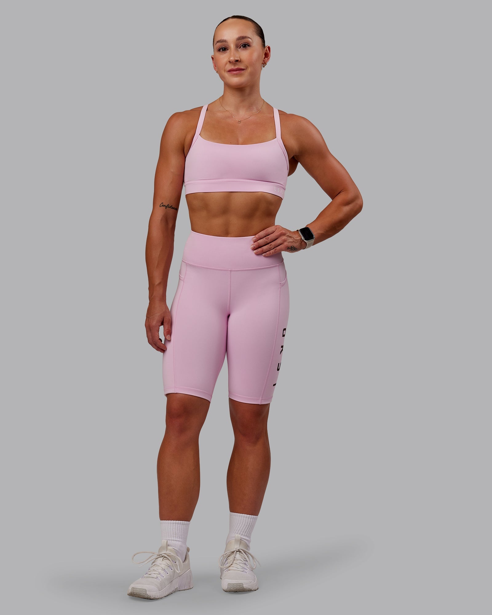 Woman wearing Rep Ultra High-Rise 9" Short Pockets - Marshmallow-Cherry Lacquer