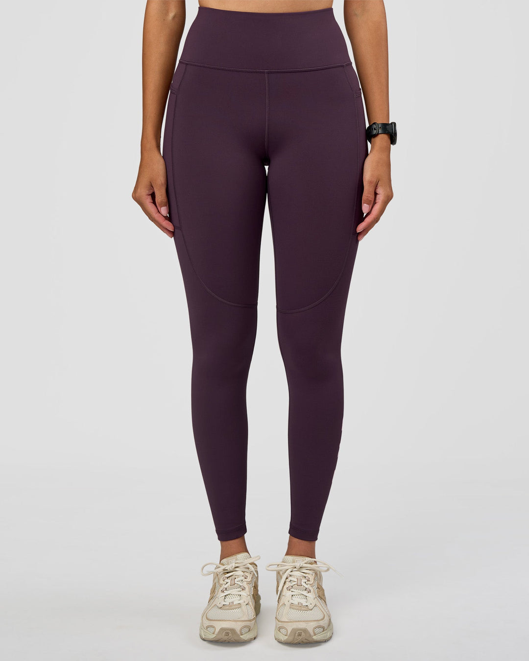 Woman wearing Rep Ultra High-Rise Full Length Legging Pockets - Midnight Plum-Marshmallow | Model:Rhiley | Size:S