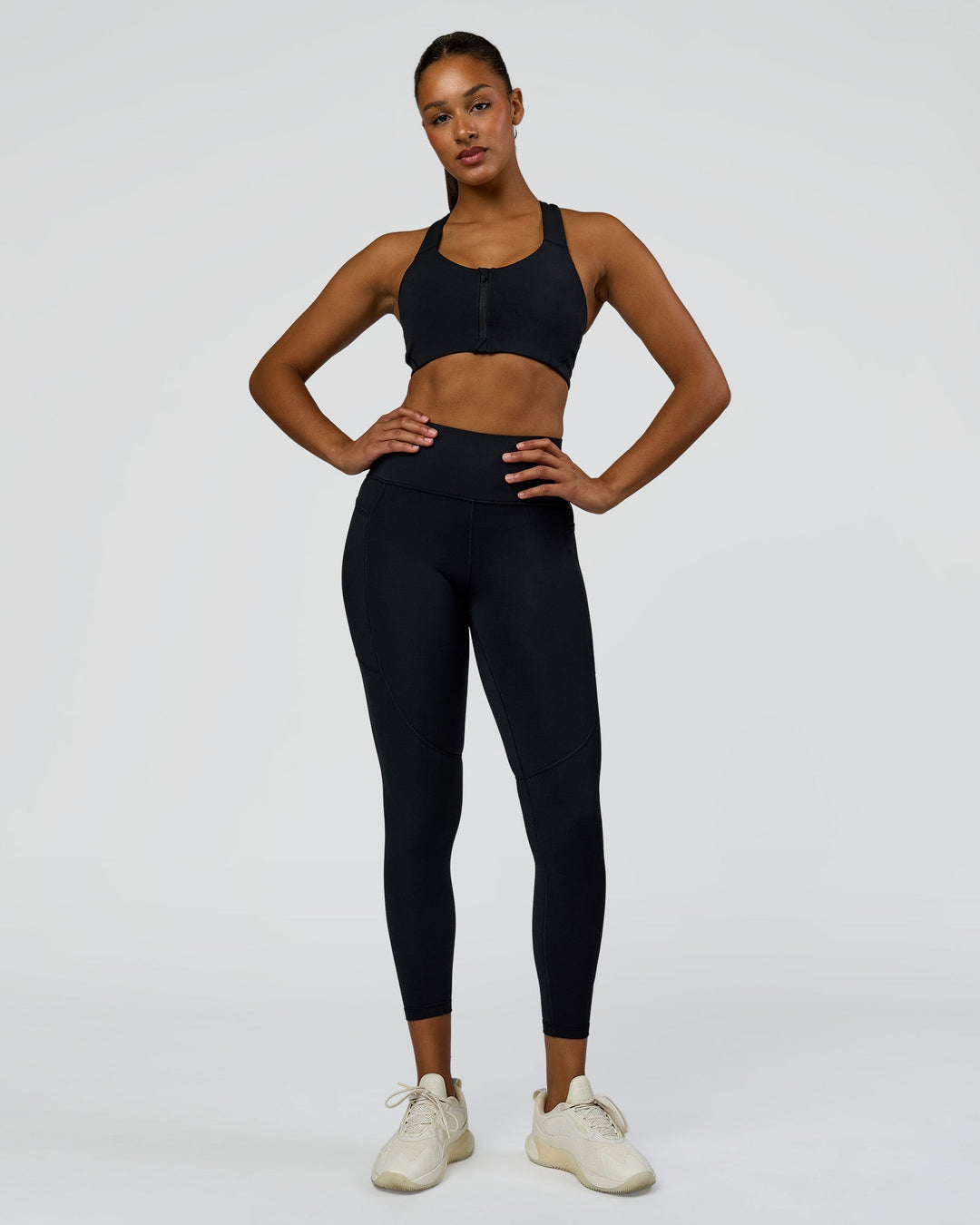 Woman wearing Rep Street Script Ultra High-Rise 7/8 Legging Pockets - Black-White | Model:Rosie | Size:S