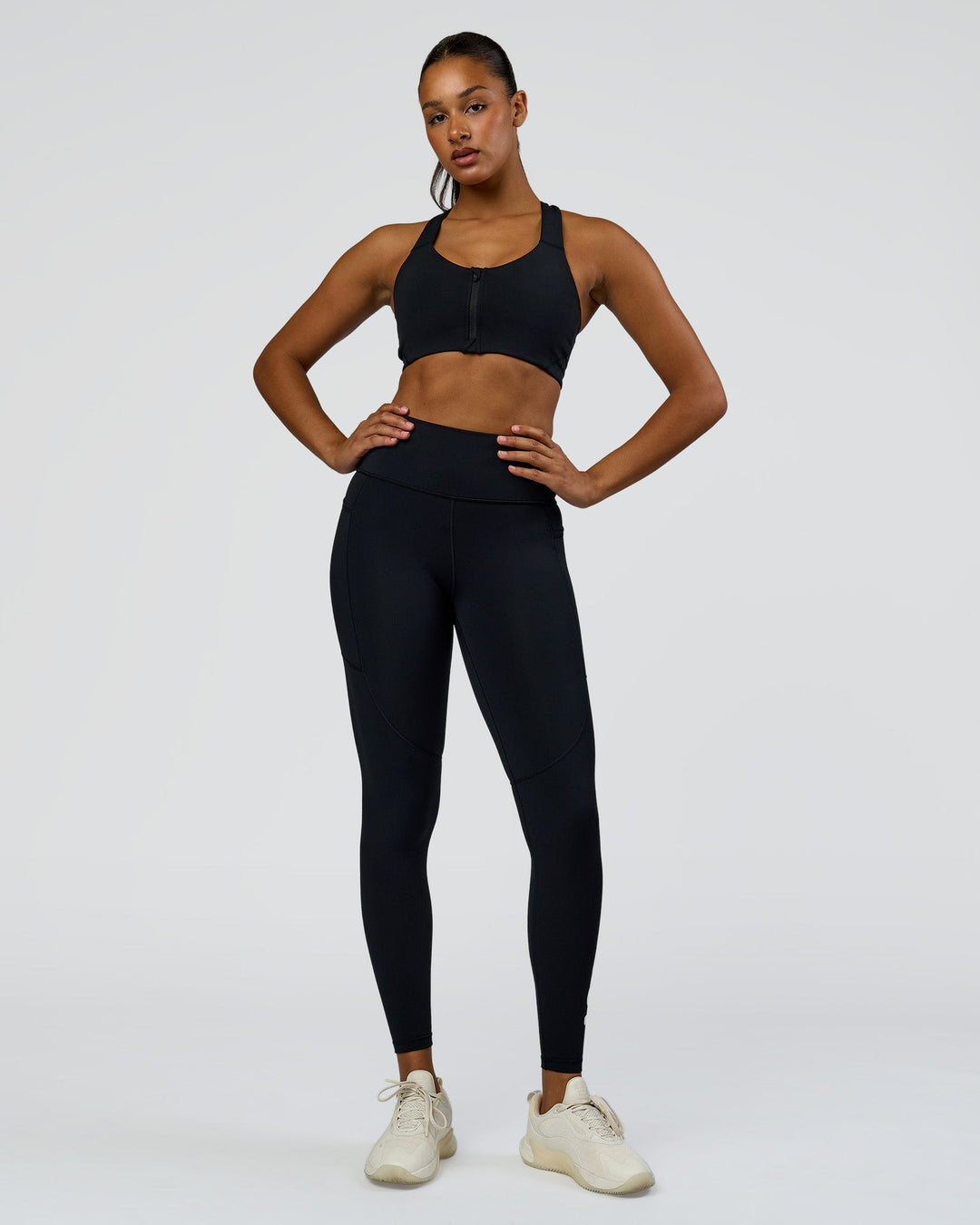 Woman wearing Rep Street Script Ultra High-Rise Full Length Legging Pockets - Black-White | Model:Rosie | Size:S