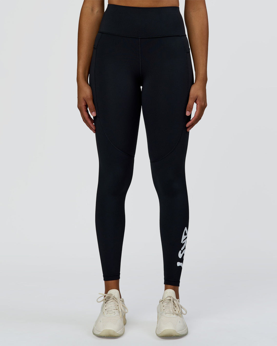 Woman wearing Rep Street Script Ultra High-Rise Full Length Legging Pockets - Black-White | Model:Rosie | Size:S
