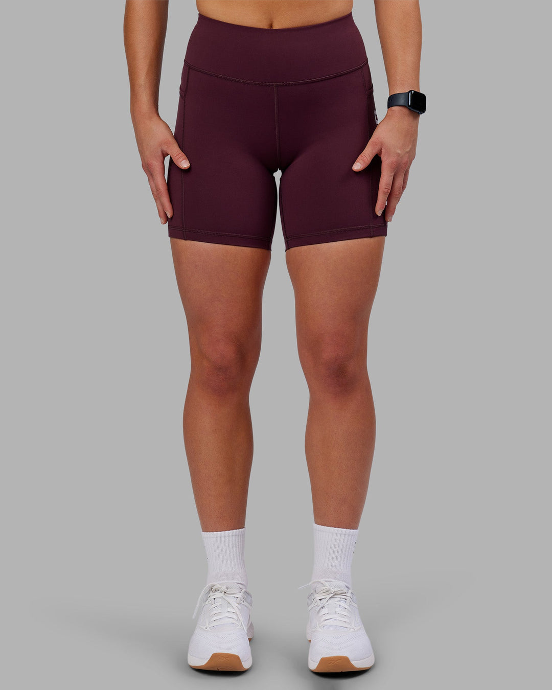 Woman wearing Rep Ultra High-Rise 6&quot; Short Pockets - Cherry Lacquer-White | Model:Keisha | Size:S