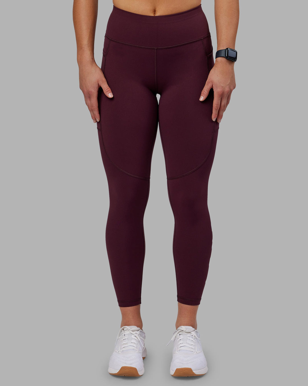 Woman wearing Rep Ultra High-Rise 7/8 Legging Pockets - Cherry Lacquer-White | Model:Keisha | Size:S