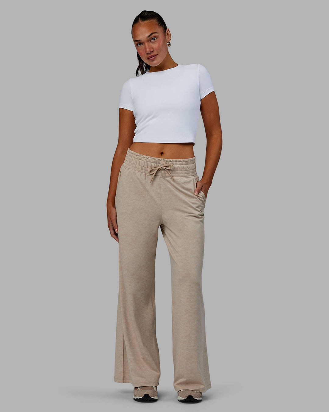 Woman wearing Restore CloudFLX Wide Leg Pants - Oatmeal Marl